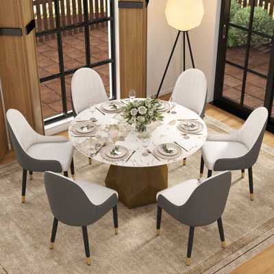 7 - Piece Stone Top Pedestal Dining Set