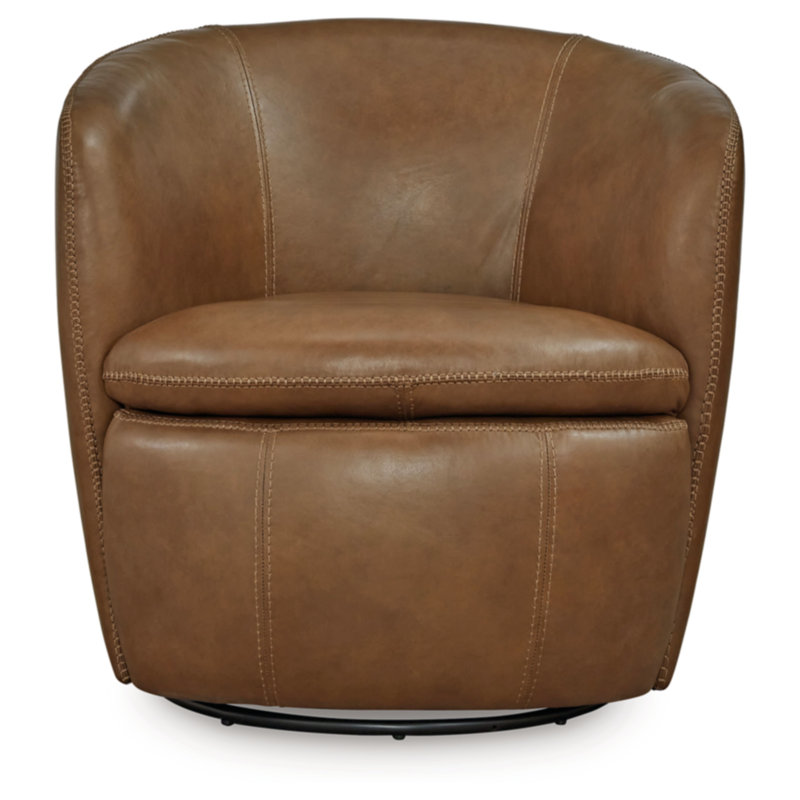 Caramel Brown Leather Barrel Swivel Chair