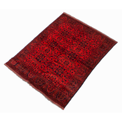 Tapis rouge en laine noué à la main de conception unique 4 pi 9 po x 6 pi 6 po Innocenza
