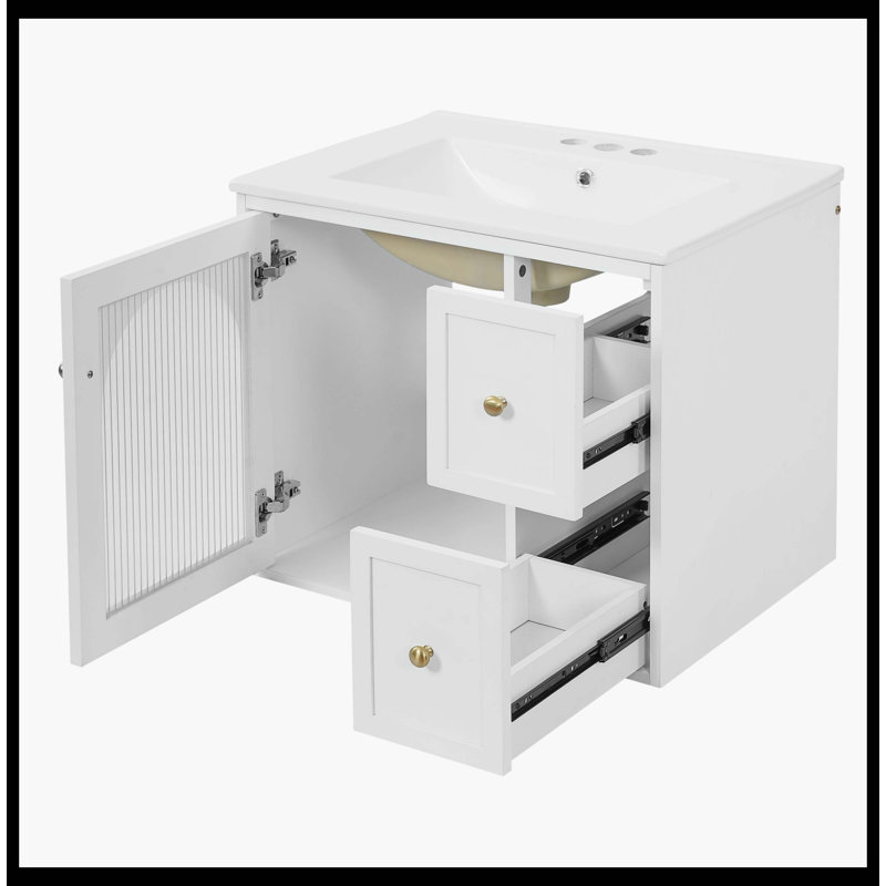 Ensemble de meuble-lavabo mural 24 po pour petits espaces, armoire avec lavabo en céramique, 2 tiroirs et 1 porte à fermeture douce