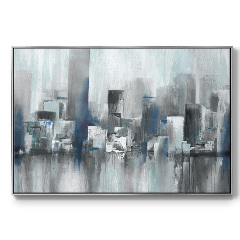 " Cityscape In Blues ", Silver, 27" H x 41" W x 2" D