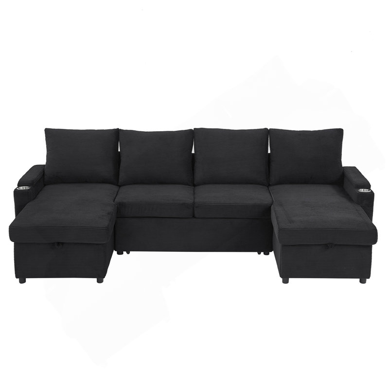 Canapé-lit convertible avec canapé-lit modulaire en forme de U 109,5 po avec méridienne de rangement, porte-gobelets, ports USB et boîtes et poches de rangement pour le salon, noir