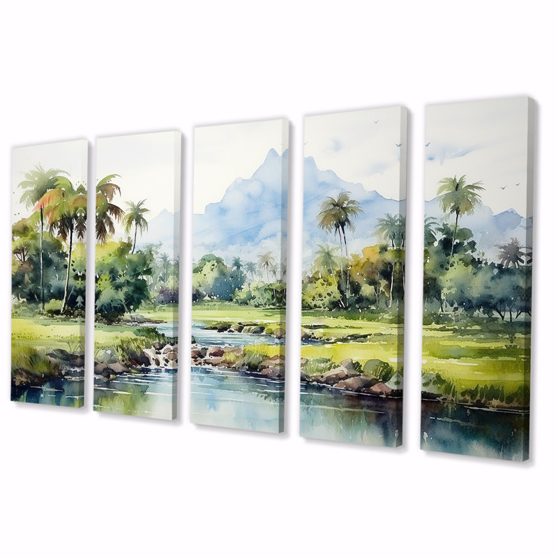 Indonésien, campagne, Indonésie, art mural 5 pièces, H 28 po x l 60 po