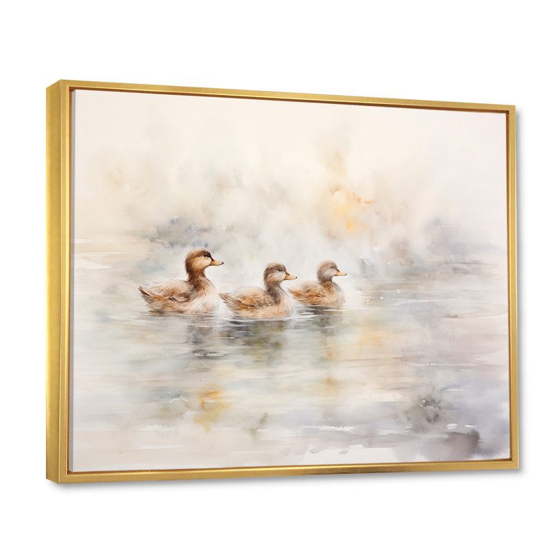 Canards bruns nageant dans le lac Misty Morning I, H 34 po x l 44 po, Cadre flottant doré
