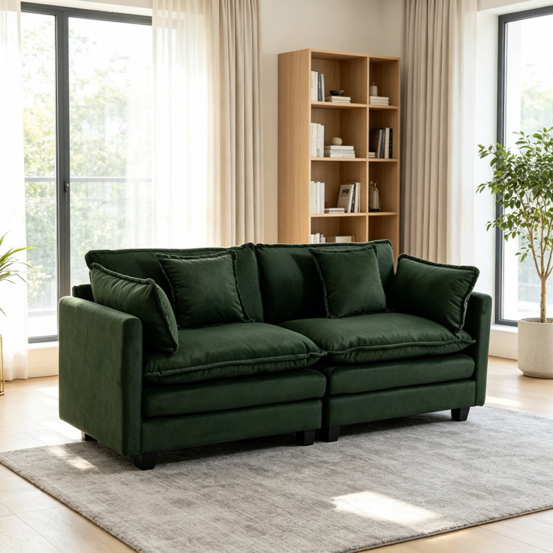 78" Wide 2-Seater Upholstered Square Arm Sofa, Comfy Cloud Couch Sectional Loveseat, Dark Green