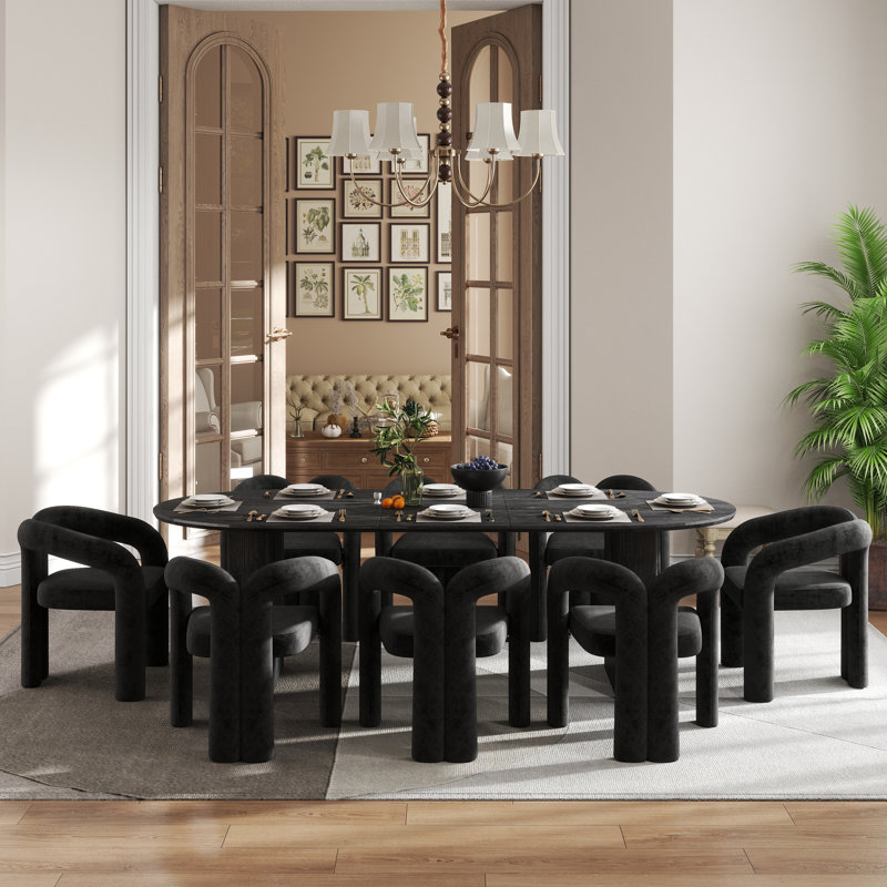 Modern Farmhouse Extendable 59.06" to 90.55" Table Dining Set for 4-8, 9 Pieces: Table, 8 Chairs, Black, Black