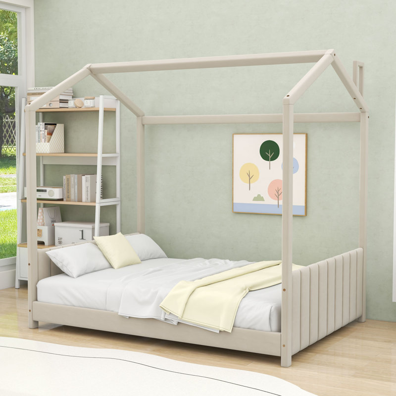 Lit en velours avec maisonnette et lattes, Beige, Double