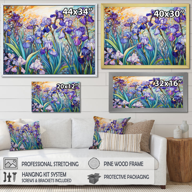 Iris bleu rayonnant au bord du lac I - salon d'art mural champ de fleurs, Toile tendue, H 24 po x l 32 po
