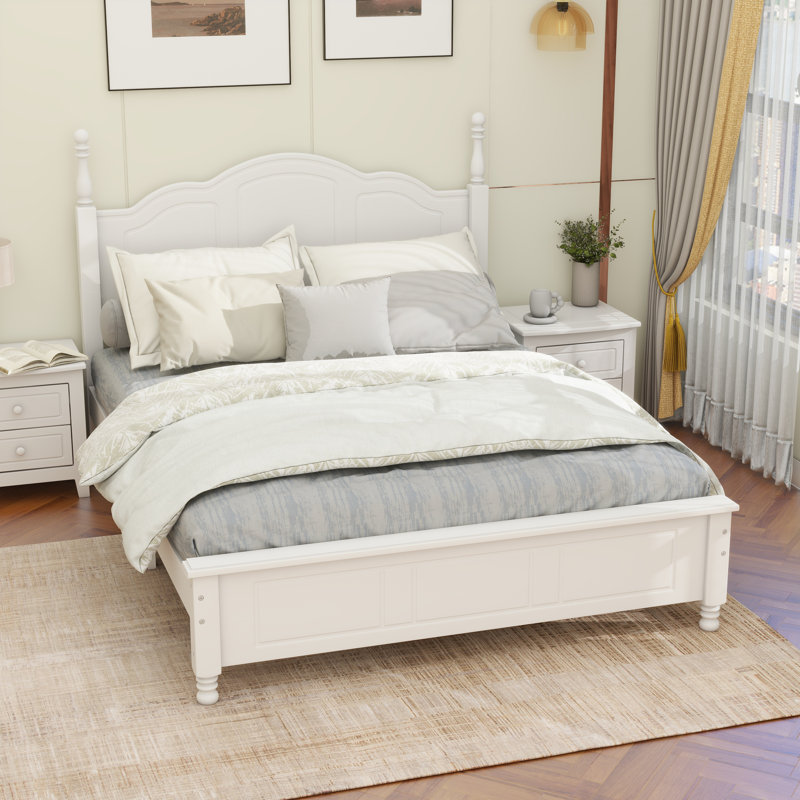 Wood Platform Bed Frame,Retro Style Platform Bed with Wooden Slat Support,, Full, White