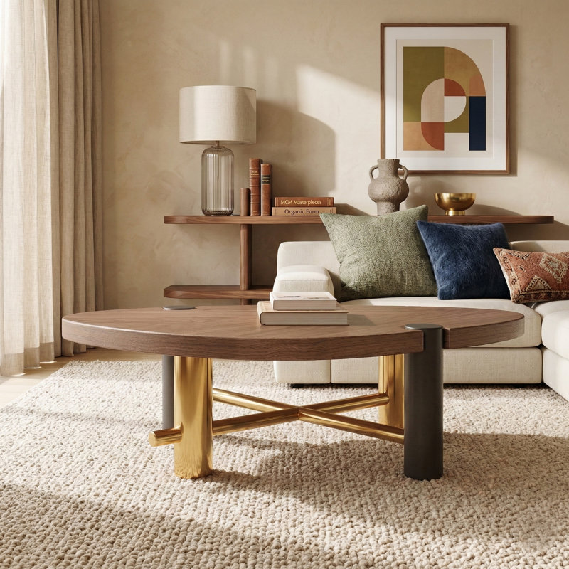 Table basse ovale rétro avec grain de bois et pieds en métal doré Vitaliana