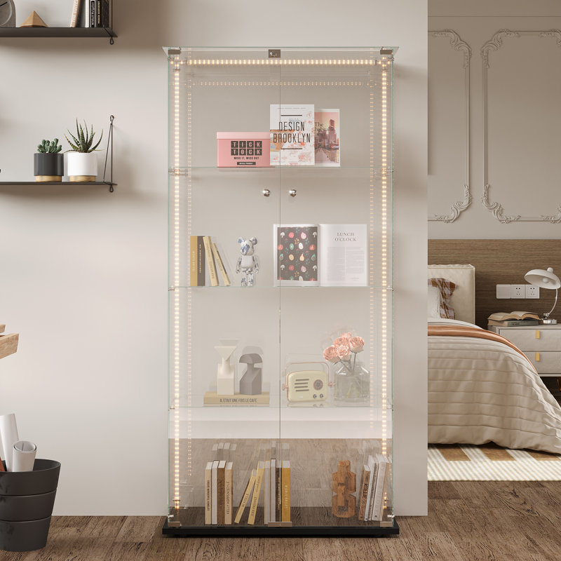 Display Cabinet, LED Strip Lights, Double Door, Black