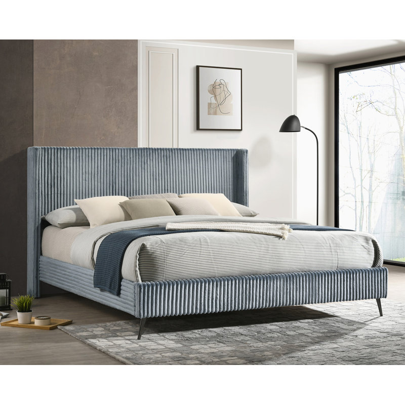 Corduroy Upholstery Panel Bed, Blue, King