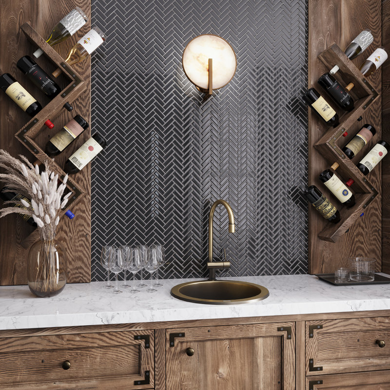 11"X 12.6" Herringbone Polished Glass Mosaic Tile, Black
