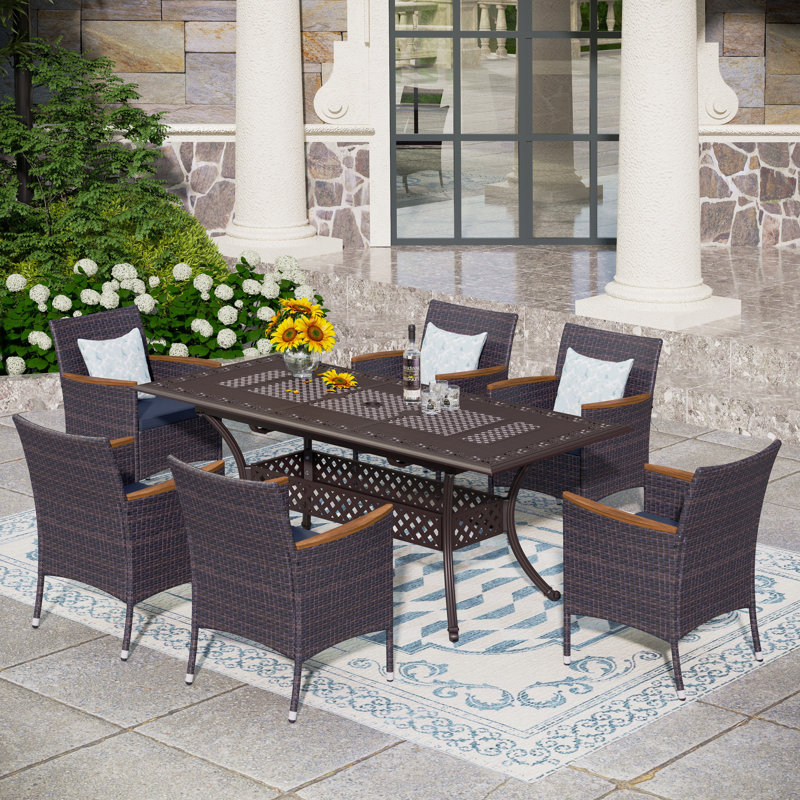 Asfand 6 - Person Patio Dining Set with Extendable Rectangular Table , Cushions Included