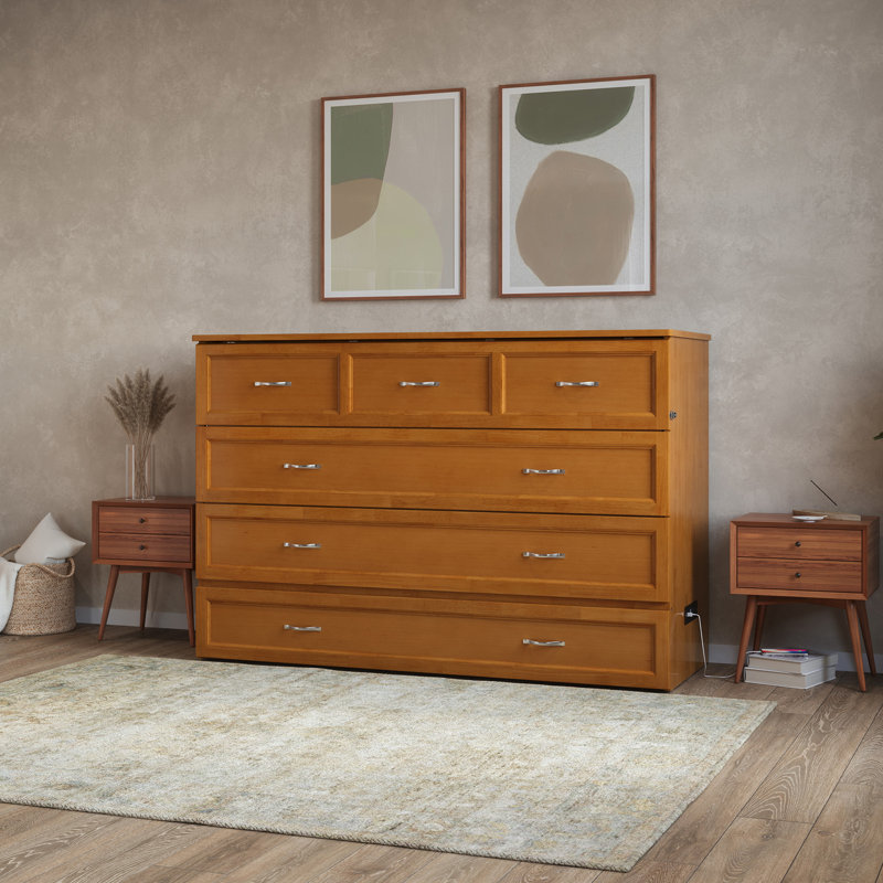 Andriena Murphy Bed Chest with 6" Mattress, Storage & Built-in Charger, Queen, Walnut