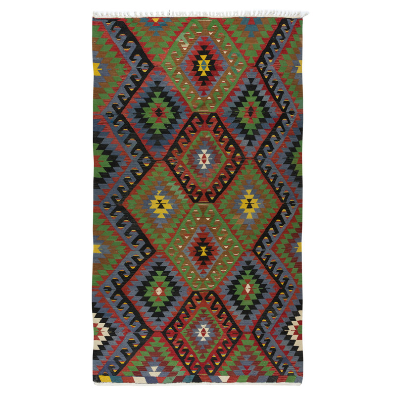 Tapis turc en laine fabriqué à la main multicolore 5,6 x 9,3 pi, tapis à tissage plat unique en son genre, revêtement de sol