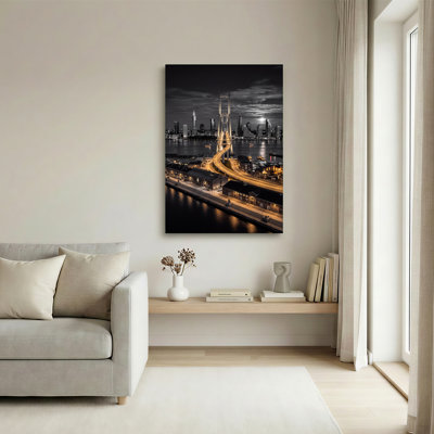 «Illuminated Suspension Bridge and City Skyline At Night», art mural sur toile