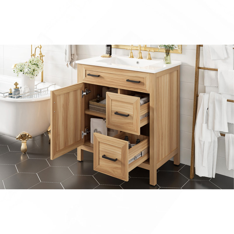 Meuble-lavabo de 30 po en bois avec cadre en bois massif, 1 porte à fermeture douce, 2 tablettes réglables à fermeture douce, armoire de rangement moderne