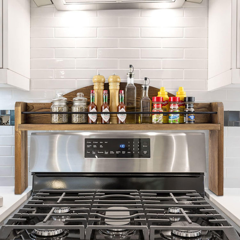 Deluxe Rustic Solid Wood And Black Metal Wire Bar Spice Rack - Space Saving Over The Stove Top Storage Shelf For Kitchen Organization
