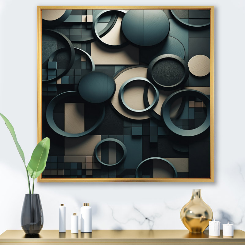 «Teal Fragmented Forms - Cubism», art mural, H 36 po x l 36 po x P 1,5 po, Cadre flottant doré