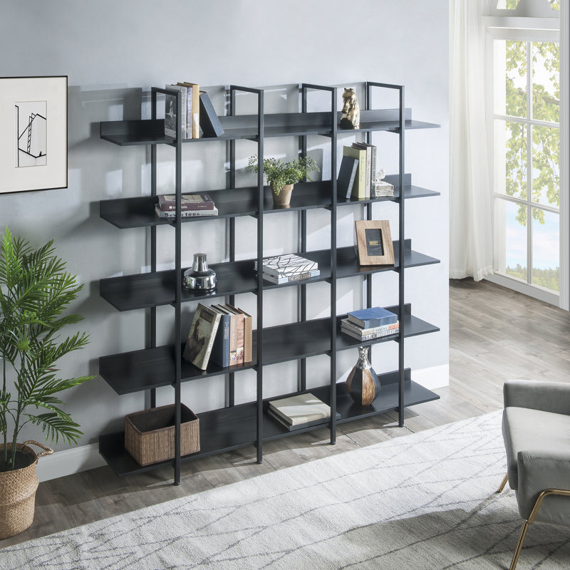 Bibliothèque à 5 niveaux avec bureau ouvert, tablette de style industriel rétro avec structure en métal, Chêne / blanc