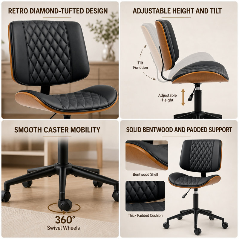Durable Cozy Home Office Chair No Arms with Wheels, PU Leather Desk Chair with Adjustable Height, 360 Swivel for Reading