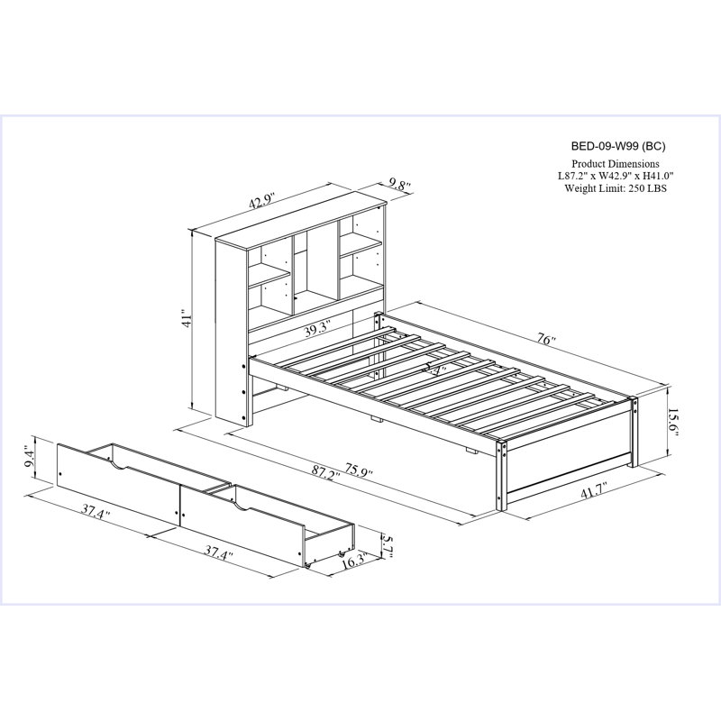 Modern Twin Size Bed Frame With Built-In USB Port On Bookcase Headboard And 2 Drawers, Walnut