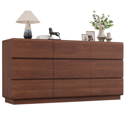Walnut 9 Drawer Dresser for Bedroom, 63" Wide Dressers & Chest of Drawers with Curved Profile Design, Modern Dresser with Thickened Base for Bedroom, Living Room, Hallway