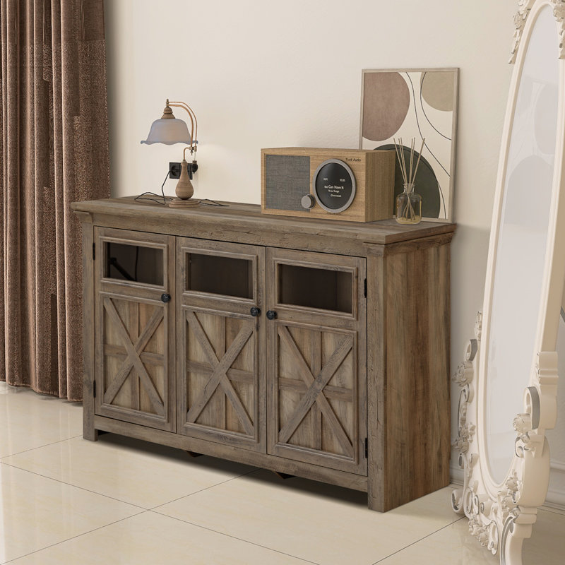 Farmhouse Tv Stand Console Table With Storage Cabinets, Gray Wash