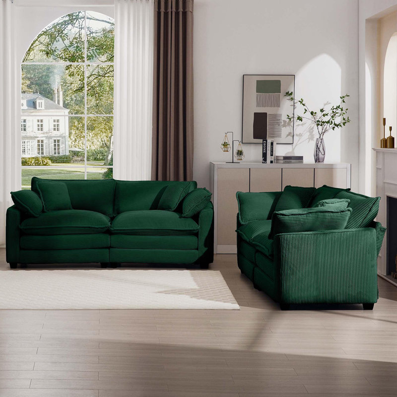 Ensemble de canapé de salon moderne en tissu deux pièces, deux canapés 2 places avec grand coussin de 8 sièges, Vert