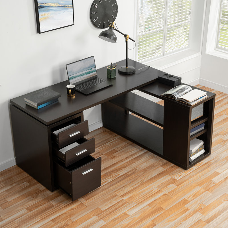 Bureau d'ordinateur en L de 60 po avec tablettes de rangement et tablettes Mabell, Espresso