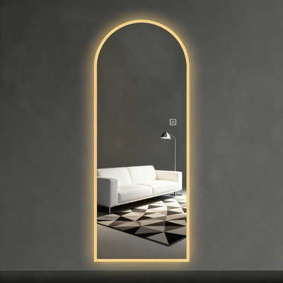 65" X 21" LED Full Length Wall Mirror, Symmetrical Arch Design With Frosted Glass Border, Dimmable 3 Color Temperature Lighting, Copper-Free Silver Glass, Hardwired Or Plug-In