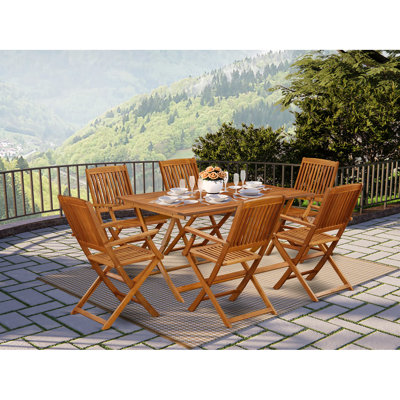 7 Piece Patio Bistro Dining Furniture Set Consist of a Rectangle Outdoor Acacia Wood Table and 6 Folding Arm Chairs, Natural Oil