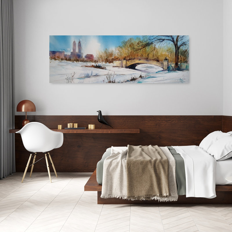 «Snowy City Park Bridge Peaceful Serene Abstract City Landscape», art mural, H 60 po x l 20 po