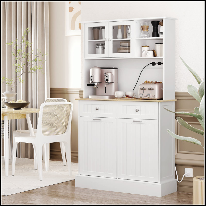 Armoire de cuisine autoportante avec station de charge, bacs à ordures inclinables et tablettes réglables pour les cuisines modernes