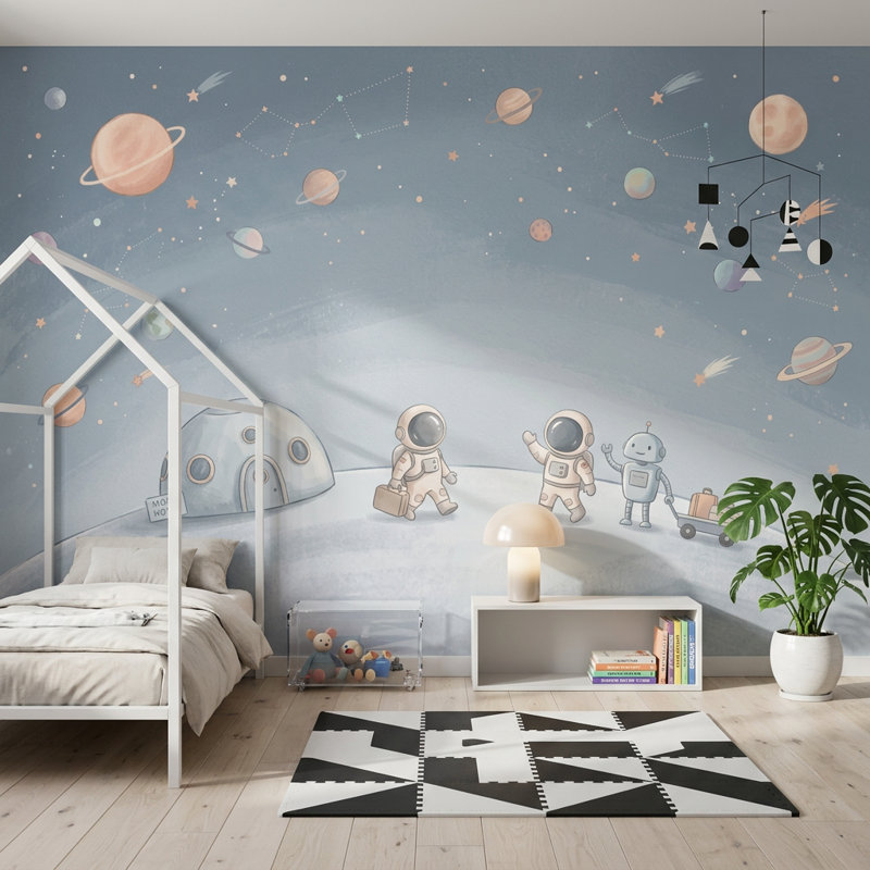 Papier peint texture aquarelle, illustration d'espace, hôtel lune, 100 po x 96 po, Peler et coller