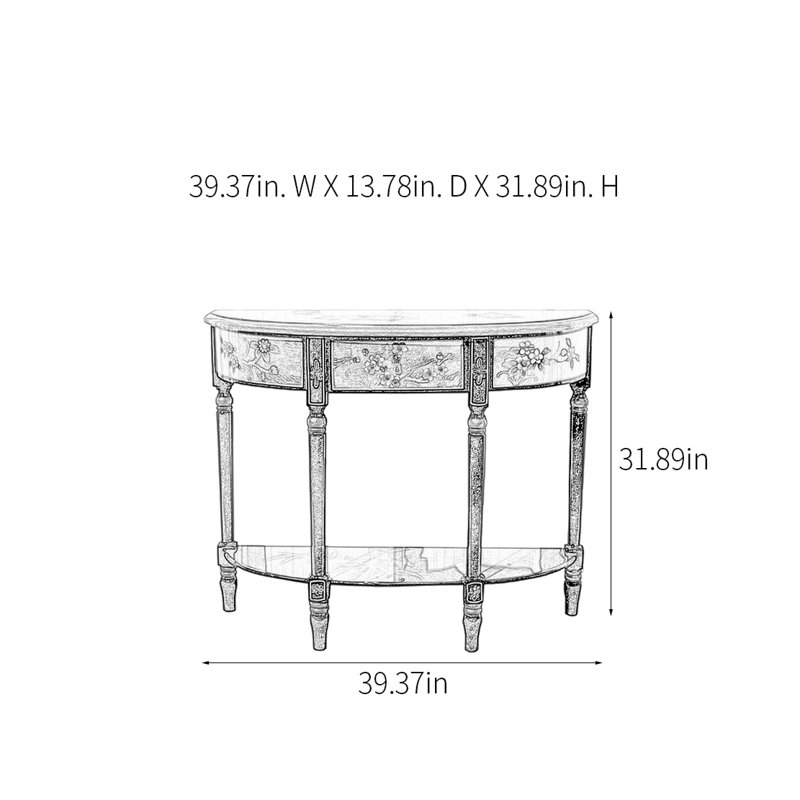 Half Circle Hand Drawn Console Table, 31.89" H x 39.37" W x 13.78" D
