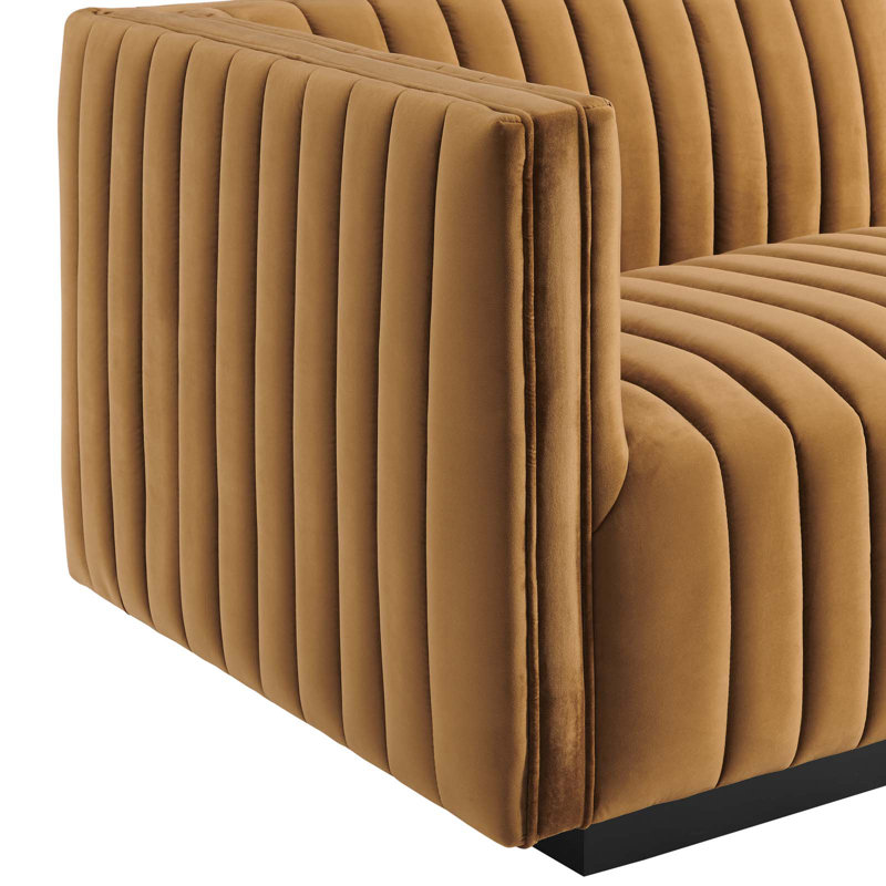 Green Velvet Channel Tufted Sofa with Black Base