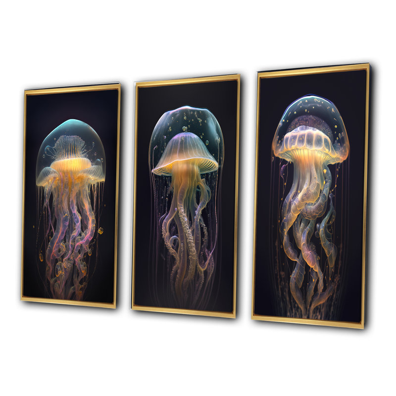 «Jellyfish», 3 pièces sur toile, Cadre flottant doré, H 32 po x l 48 po