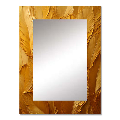 Golden Feathers - Feathers Decorative Wall Mirror, Modern Large Mirror, Printed Metal Art