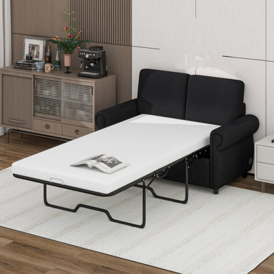 Canapé-lit escamotable avec matelas en mousse à mémoire de forme simple, deux ports USB et revêtement en lin