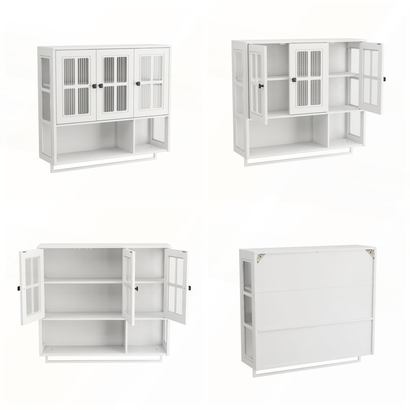 Armoire murale en bois à 3 portes avec espace de rangement ouvert et caché, Blanc