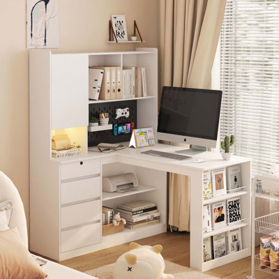 L Shaped Desk with Charger,Computer Desk with Drawers,Bookshelf,with LED Light,Modern Corner Desk,Home Office Desk,L-Shaped Study Table Writing Desk,Corner Gaming Computer Desk with Storage