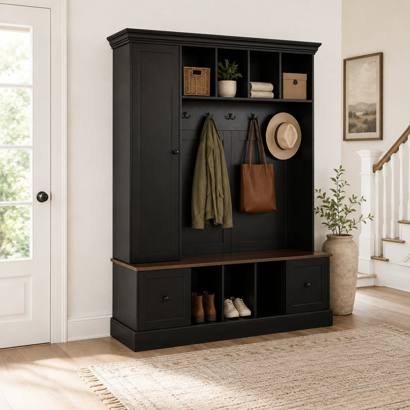 Farmhouse Hall Tree, Entryway Coat Rack with Shoe Storage Bench, 5 Hooks, Cabinet, Drawers, Cubbies, Black