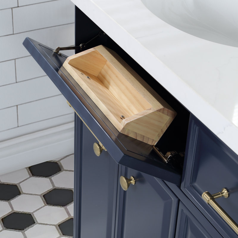 Palace 60 In. Double Sink White Quartz Countertop Vanity In Monarch Blue With Waterfall Faucets
