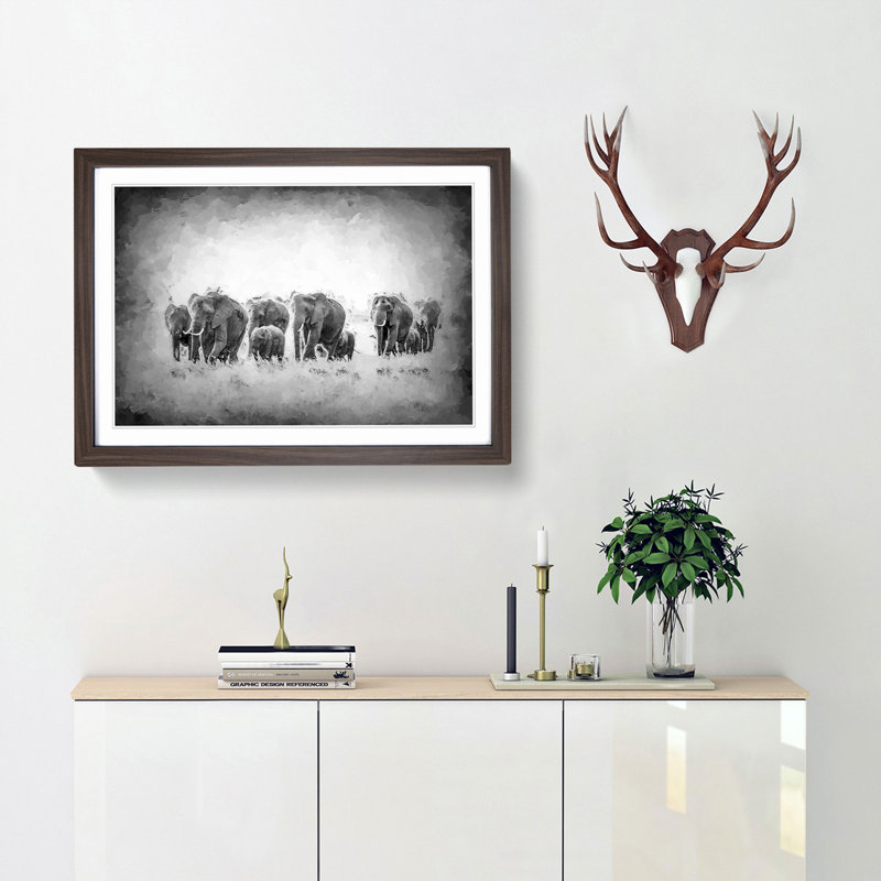 Herd of Elephants Roaming in Abstract - Picture Frame Painting Print, 27cm H x 36cm W x 2cm D, Walnut Framed