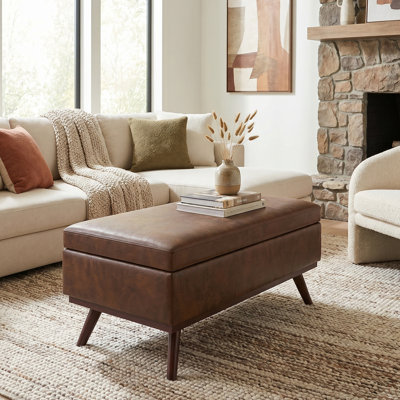 Owen 42"W Upholstered Vegan Leather Mid-Century Modern Rectangular Lift-Top Ottoman with High-Density Foam