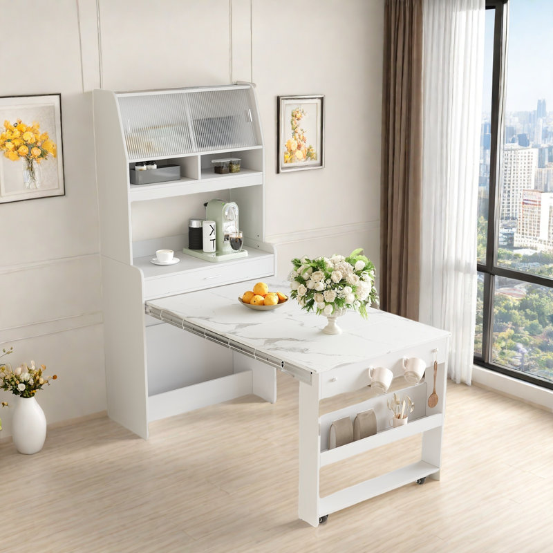 Buffet With Hutch And Foldable Dining Table, Storage Shelves, Side Hooks And A Cabinet With Sliding Doors