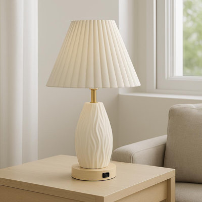 Double Glow Dual Light Rechargeable 3D Printed Bedside Lamp, Luminous Base & Pleated Fabric Shade LED Table Lamp, USB Cordless Nightstand Lamp