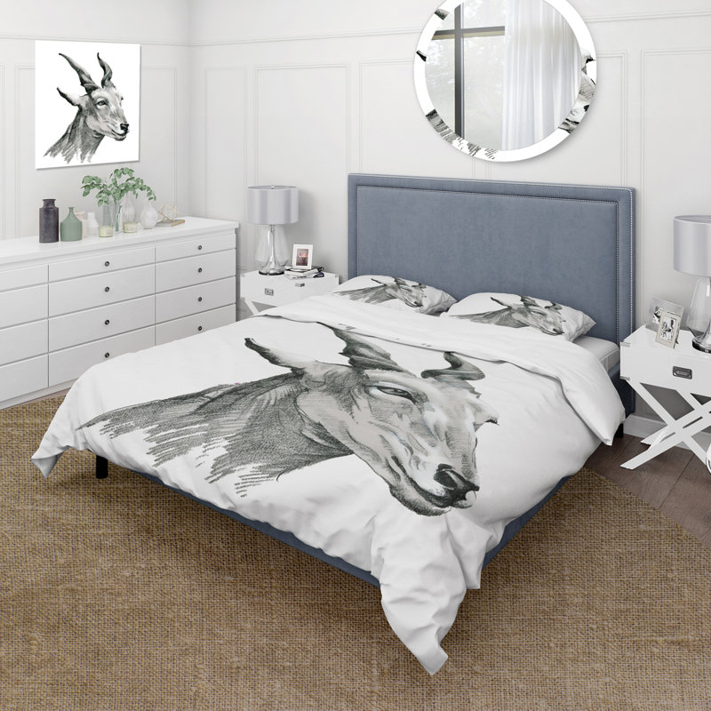 Portrait monochrome de chèvre I - ensemble de housse de couette Farmhouse - microfibre de polyester